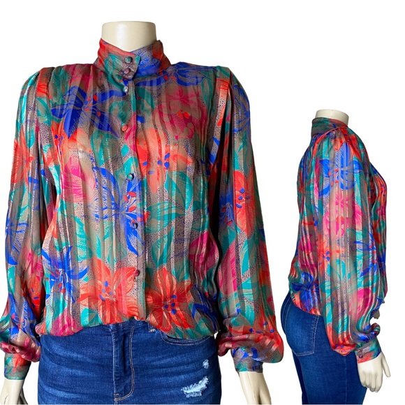 Vintage Colorful Floral Satin Striped Studio Retro Poet Blouse Holiday Top (M) - Picture 3 of 10